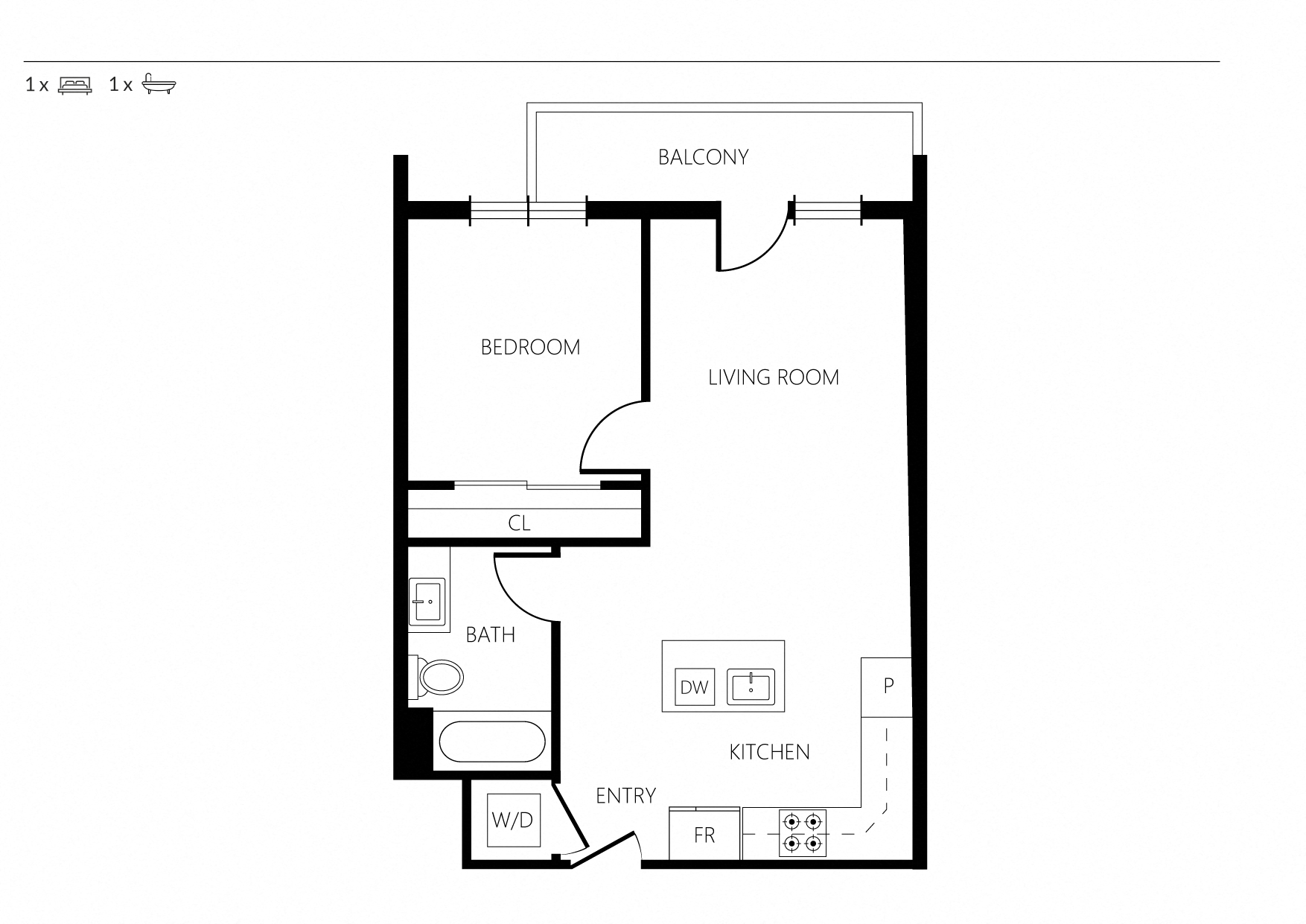 Floor plan for 1 bed, 1 bath, 616 sqft